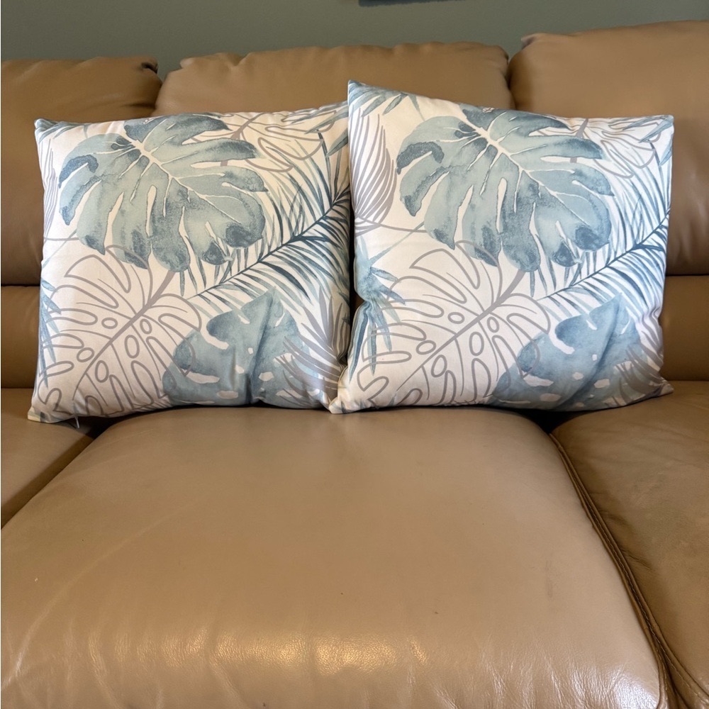 Pillows Set of 2: Teal Blue & Gray Leaf Print Design (NEW)